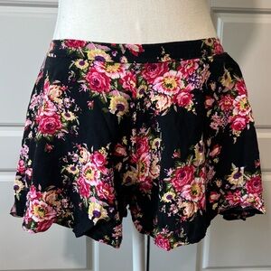 En Creme Floral Print Skort Black‎ Pink Yellow Skirt Shorts Elastic Waist Size S